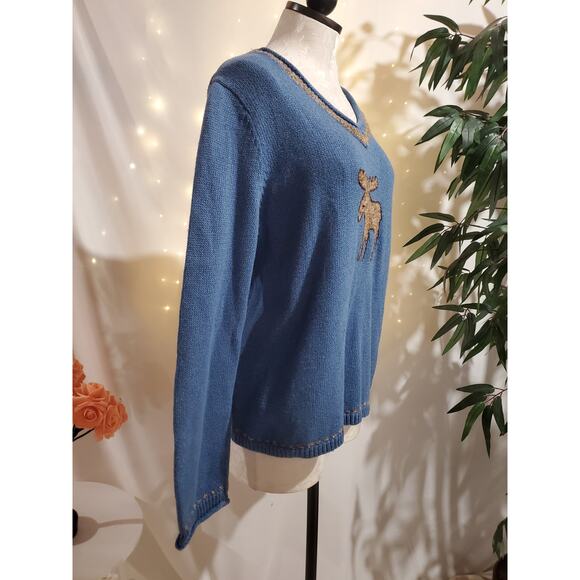 Vtg Christopher & Banks Hand Embroidered Moose Sweater Size XL Cabin Wool Blue - Picture 4 of 12